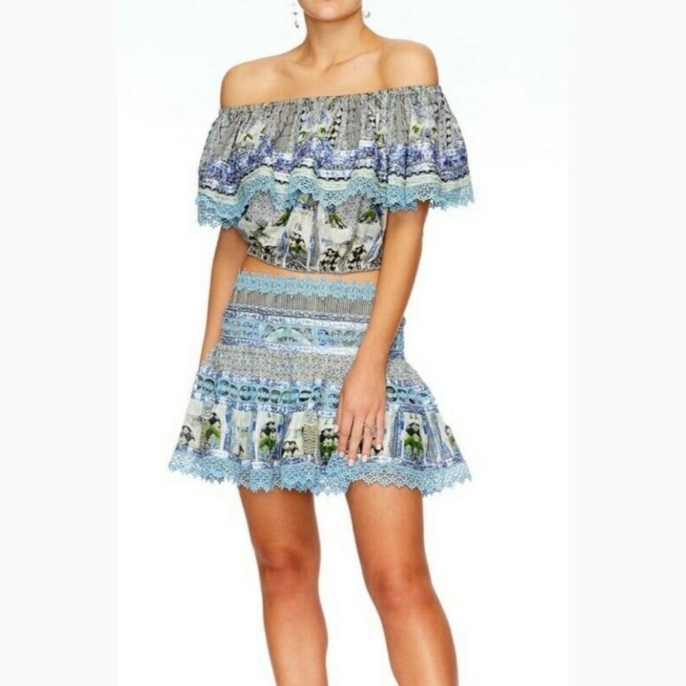 Camilla Blue Multi Off-Shoulder Crochet Trim Crop Top - Picture 3 of 10